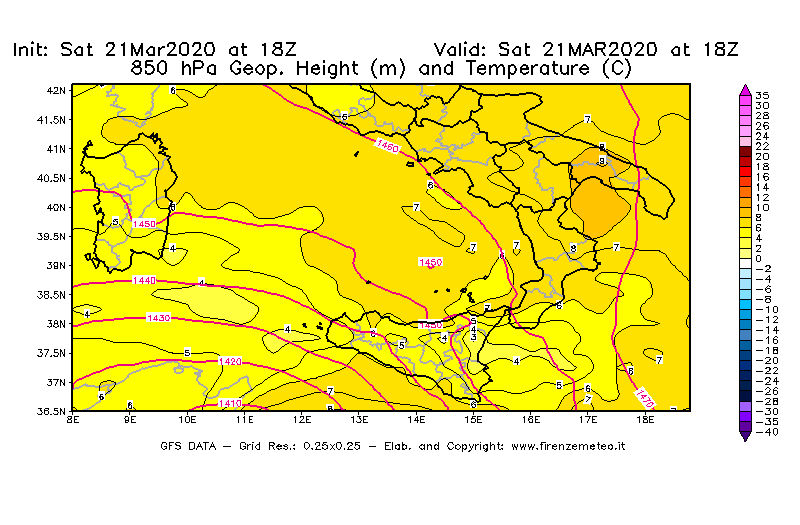 Mappa di analisi GFS - Geopotenziale [m] e Temperatura [°C] a 850 hPa in Sud-Italia
									del 21/03/2020 18 <!--googleoff: index-->UTC<!--googleon: index-->