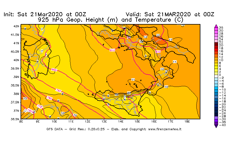 Mappa di analisi GFS - Geopotenziale [m] e Temperatura [°C] a 925 hPa in Sud-Italia
									del 21/03/2020 00 <!--googleoff: index-->UTC<!--googleon: index-->