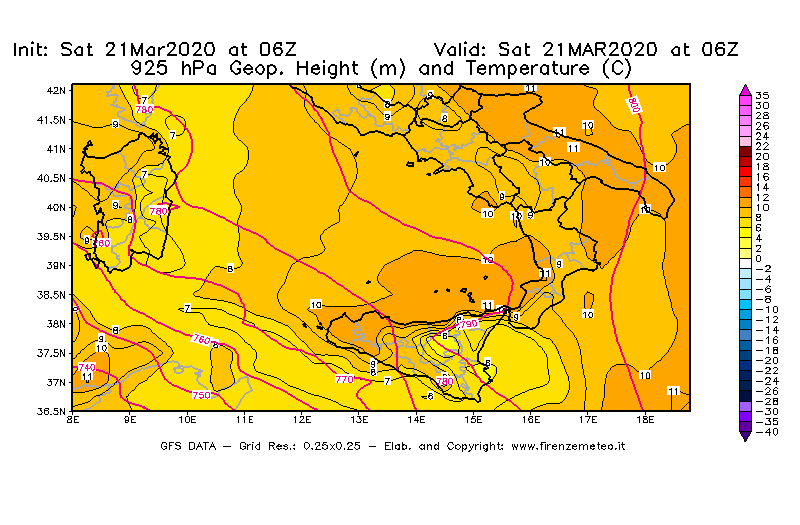 Mappa di analisi GFS - Geopotenziale [m] e Temperatura [°C] a 925 hPa in Sud-Italia
							del 21/03/2020 06 <!--googleoff: index-->UTC<!--googleon: index-->