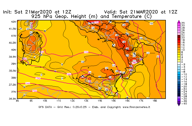 Mappa di analisi GFS - Geopotenziale [m] e Temperatura [°C] a 925 hPa in Sud-Italia
									del 21/03/2020 12 <!--googleoff: index-->UTC<!--googleon: index-->
