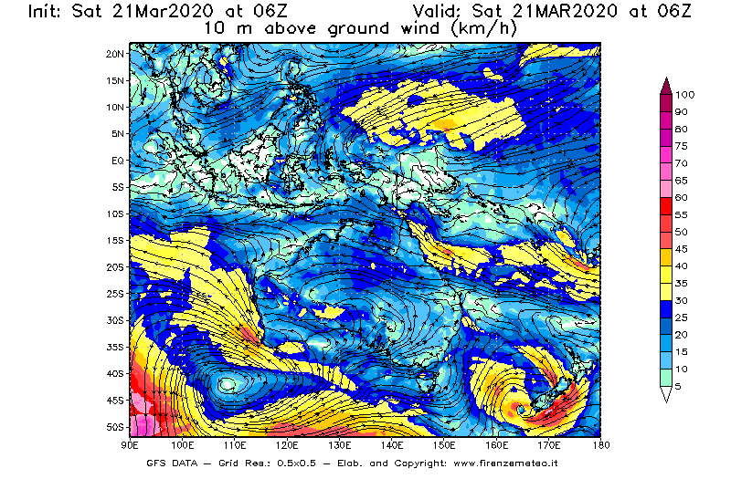 Mappa di analisi GFS - Velocità del vento a 10 metri dal suolo [km/h] in Oceania
							del 21/03/2020 06 <!--googleoff: index-->UTC<!--googleon: index-->