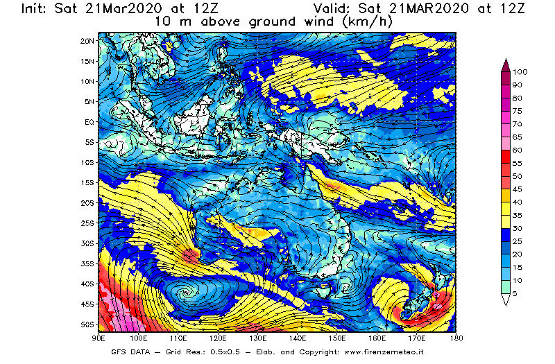 Mappa di analisi GFS - Velocità del vento a 10 metri dal suolo [km/h] in Oceania
							del 21/03/2020 12 <!--googleoff: index-->UTC<!--googleon: index-->