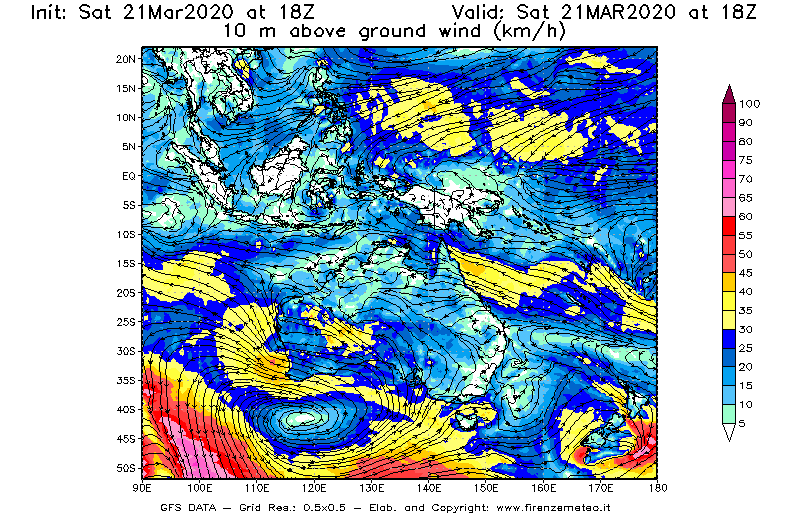 Mappa di analisi GFS - Velocità del vento a 10 metri dal suolo [km/h] in Oceania
							del 21/03/2020 18 <!--googleoff: index-->UTC<!--googleon: index-->