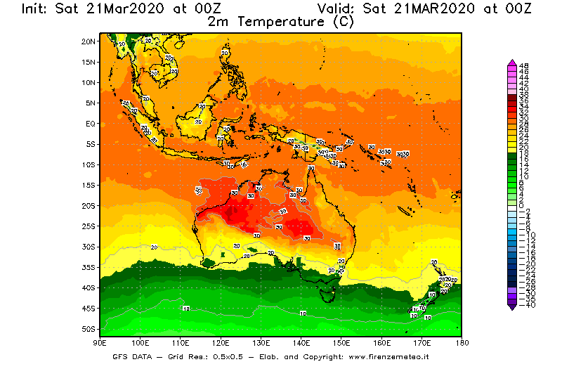 Mappa di analisi GFS - Temperatura a 2 metri dal suolo [°C] in Oceania
							del 21/03/2020 00 <!--googleoff: index-->UTC<!--googleon: index-->