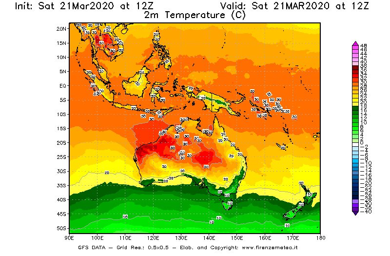Mappa di analisi GFS - Temperatura a 2 metri dal suolo [°C] in Oceania
							del 21/03/2020 12 <!--googleoff: index-->UTC<!--googleon: index-->