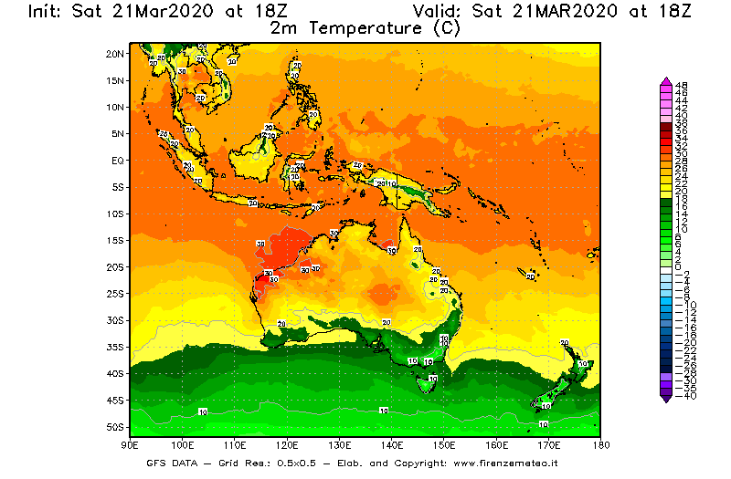 Mappa di analisi GFS - Temperatura a 2 metri dal suolo [°C] in Oceania
									del 21/03/2020 18 <!--googleoff: index-->UTC<!--googleon: index-->