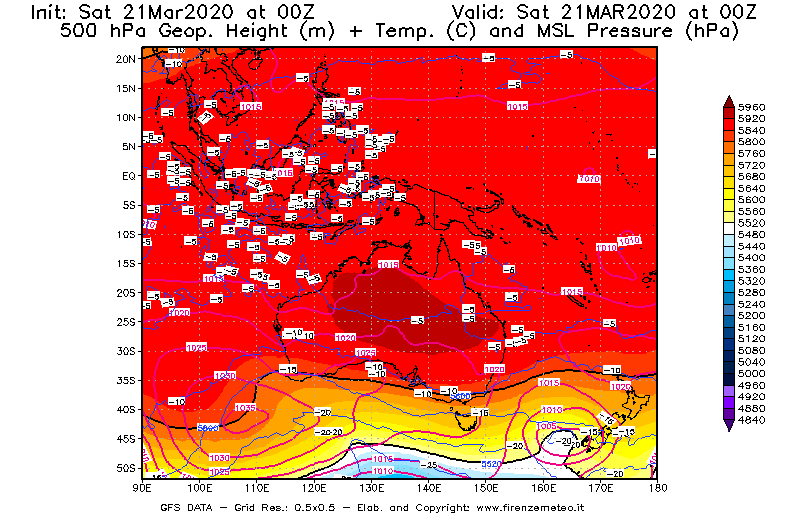 Mappa di analisi GFS - Geopotenziale [m] + Temp. [°C] a 500 hPa + Press. a livello del mare [hPa] in Oceania
									del 21/03/2020 00 <!--googleoff: index-->UTC<!--googleon: index-->