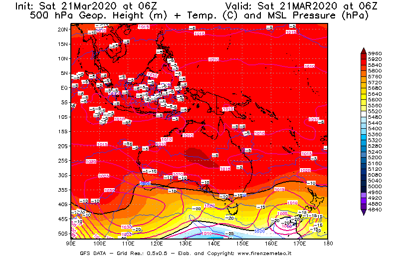 Mappa di analisi GFS - Geopotenziale [m] + Temp. [°C] a 500 hPa + Press. a livello del mare [hPa] in Oceania
									del 21/03/2020 06 <!--googleoff: index-->UTC<!--googleon: index-->