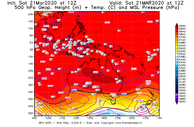 Mappa di analisi GFS - Geopotenziale [m] + Temp. [°C] a 500 hPa + Press. a livello del mare [hPa] in Oceania
									del 21/03/2020 12 <!--googleoff: index-->UTC<!--googleon: index-->