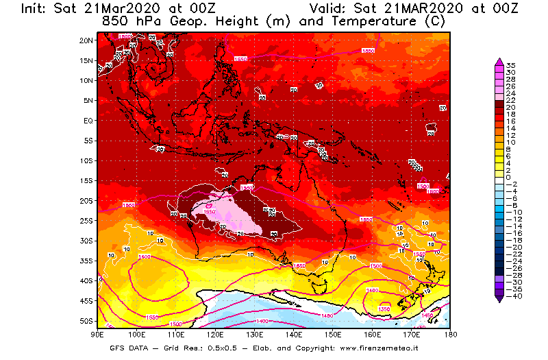 Mappa di analisi GFS - Geopotenziale [m] e Temperatura [°C] a 850 hPa in Oceania
									del 21/03/2020 00 <!--googleoff: index-->UTC<!--googleon: index-->