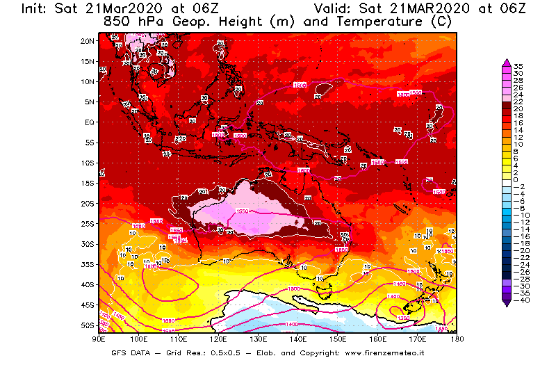 Mappa di analisi GFS - Geopotenziale [m] e Temperatura [°C] a 850 hPa in Oceania
							del 21/03/2020 06 <!--googleoff: index-->UTC<!--googleon: index-->