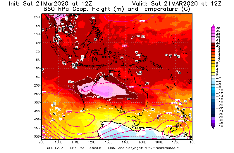 Mappa di analisi GFS - Geopotenziale [m] e Temperatura [°C] a 850 hPa in Oceania
							del 21/03/2020 12 <!--googleoff: index-->UTC<!--googleon: index-->
