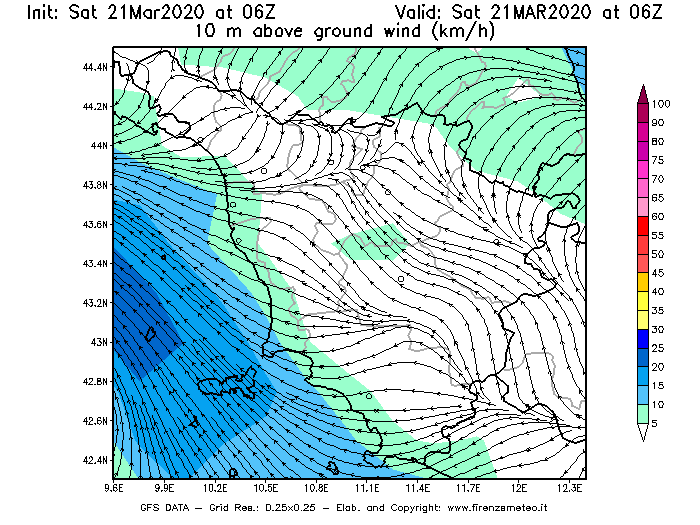 Mappa di analisi GFS - Velocità del vento a 10 metri dal suolo [km/h] in Toscana
							del 21/03/2020 06 <!--googleoff: index-->UTC<!--googleon: index-->