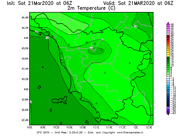 Mappa di analisi GFS - Temperatura a 2 metri dal suolo [°C] in Toscana
									del 21/03/2020 06 <!--googleoff: index-->UTC<!--googleon: index-->