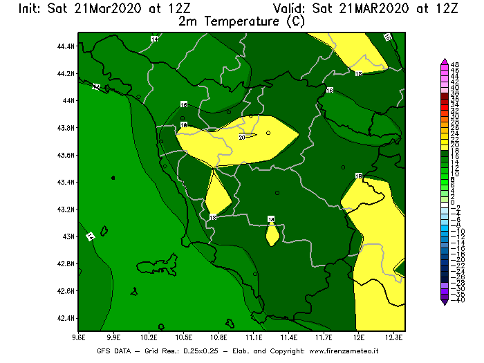 Mappa di analisi GFS - Temperatura a 2 metri dal suolo [°C] in Toscana
							del 21/03/2020 12 <!--googleoff: index-->UTC<!--googleon: index-->