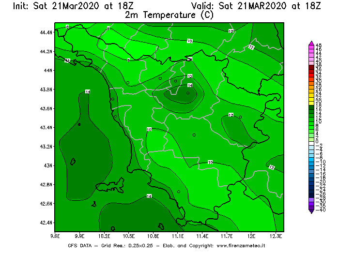 Mappa di analisi GFS - Temperatura a 2 metri dal suolo [°C] in Toscana
									del 21/03/2020 18 <!--googleoff: index-->UTC<!--googleon: index-->