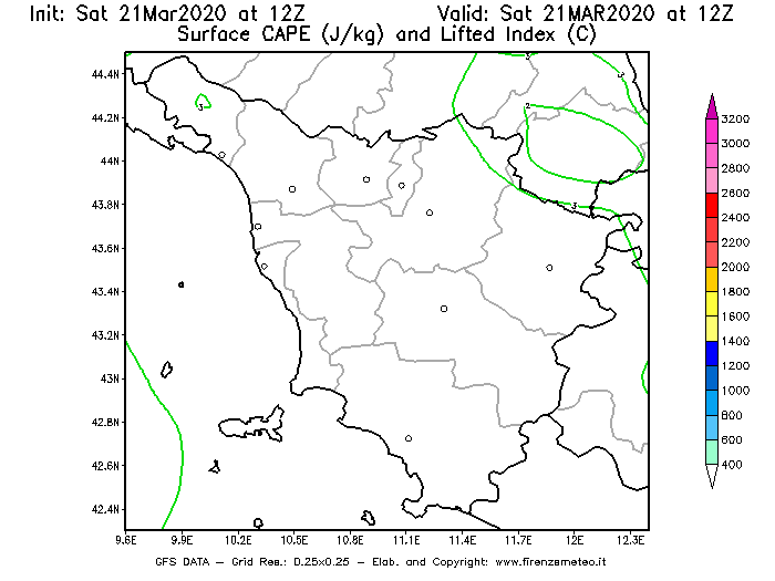 Mappa di analisi GFS - CAPE [J/kg] e Lifted Index [°C] in Toscana
							del 21/03/2020 12 <!--googleoff: index-->UTC<!--googleon: index-->