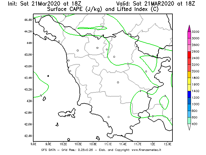 Mappa di analisi GFS - CAPE [J/kg] e Lifted Index [°C] in Toscana
							del 21/03/2020 18 <!--googleoff: index-->UTC<!--googleon: index-->