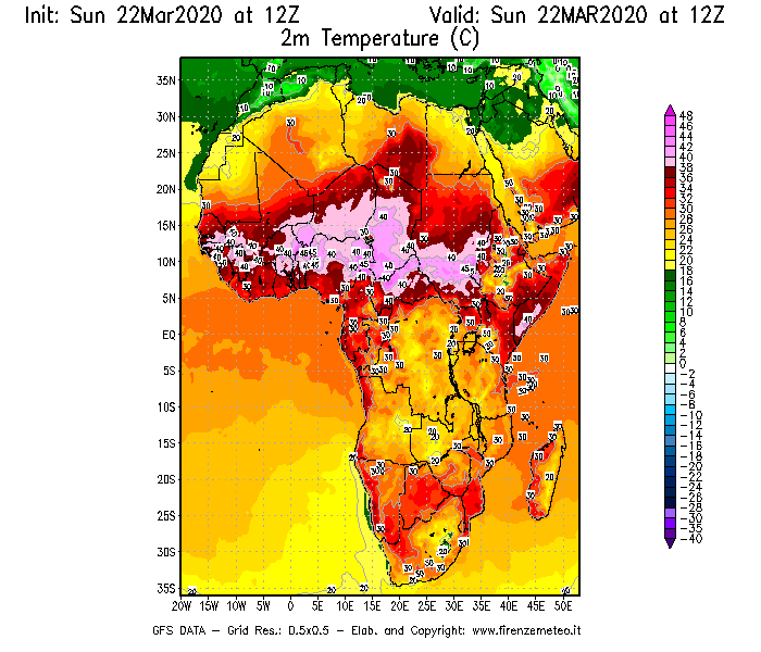 Mappa di analisi GFS - Temperatura a 2 metri dal suolo [°C] in Africa
							del 22/03/2020 12 <!--googleoff: index-->UTC<!--googleon: index-->