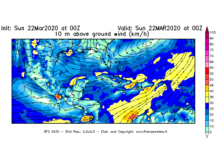 Mappa di analisi GFS - Velocità del vento a 10 metri dal suolo [km/h] in Centro-America
							del 22/03/2020 00 <!--googleoff: index-->UTC<!--googleon: index-->