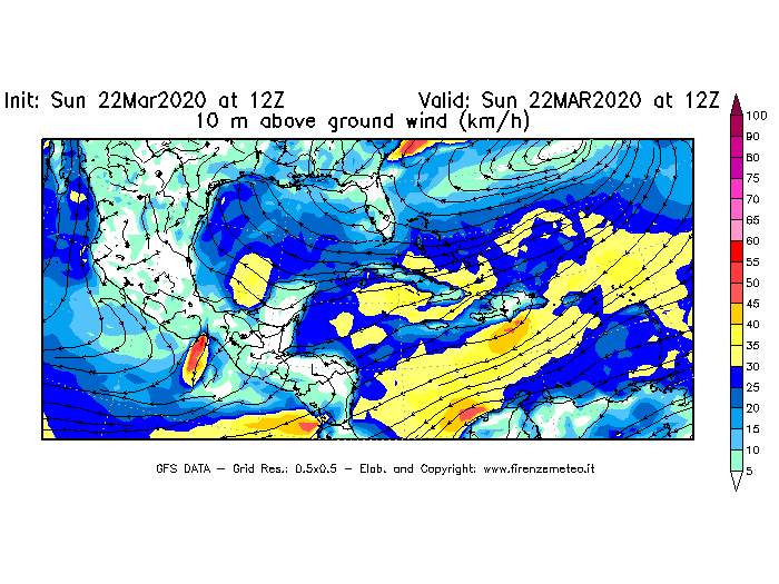 Mappa di analisi GFS - Velocità del vento a 10 metri dal suolo [km/h] in Centro-America
							del 22/03/2020 12 <!--googleoff: index-->UTC<!--googleon: index-->