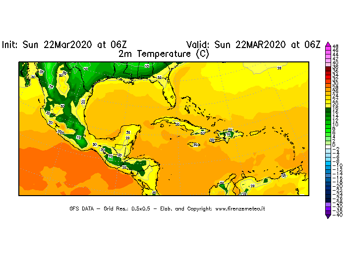 Mappa di analisi GFS - Temperatura a 2 metri dal suolo [°C] in Centro-America
							del 22/03/2020 06 <!--googleoff: index-->UTC<!--googleon: index-->