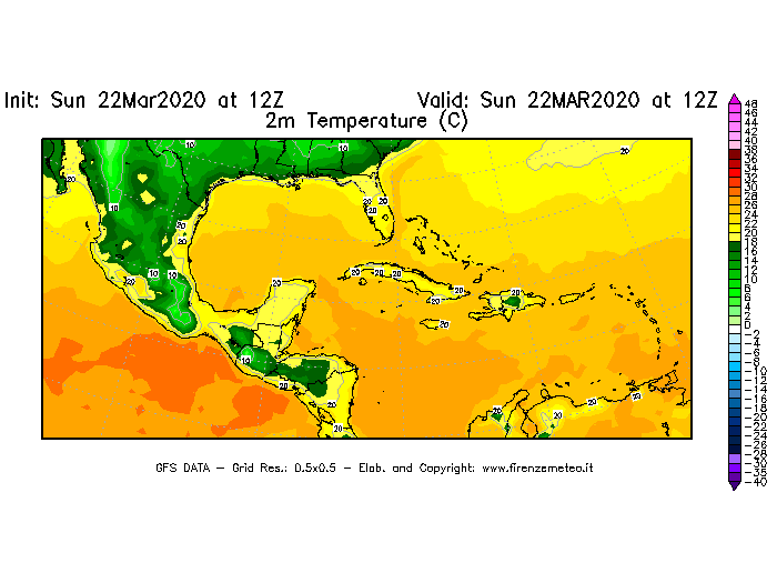Mappa di analisi GFS - Temperatura a 2 metri dal suolo [°C] in Centro-America
							del 22/03/2020 12 <!--googleoff: index-->UTC<!--googleon: index-->