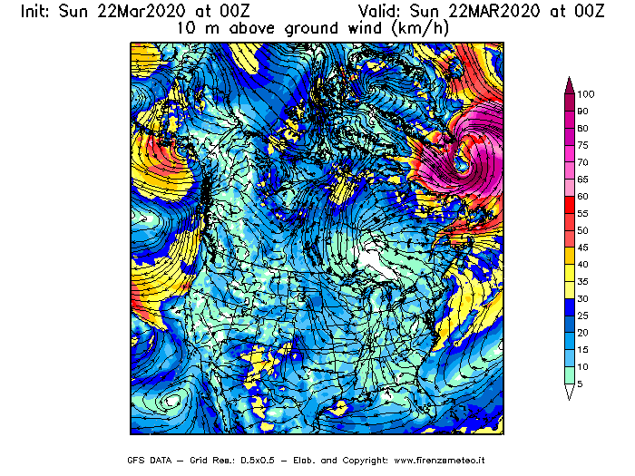 Mappa di analisi GFS - Velocità del vento a 10 metri dal suolo [km/h] in Nord-America
							del 22/03/2020 00 <!--googleoff: index-->UTC<!--googleon: index-->
