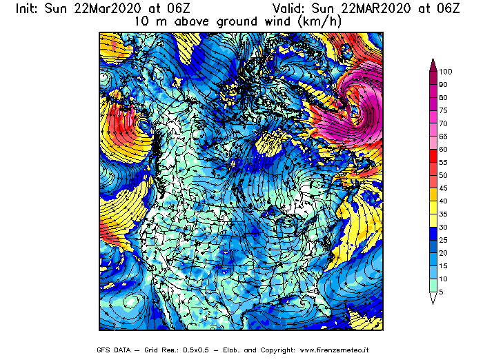 Mappa di analisi GFS - Velocità del vento a 10 metri dal suolo [km/h] in Nord-America
							del 22/03/2020 06 <!--googleoff: index-->UTC<!--googleon: index-->