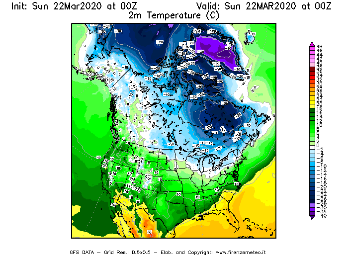 Mappa di analisi GFS - Temperatura a 2 metri dal suolo [°C] in Nord-America
							del 22/03/2020 00 <!--googleoff: index-->UTC<!--googleon: index-->