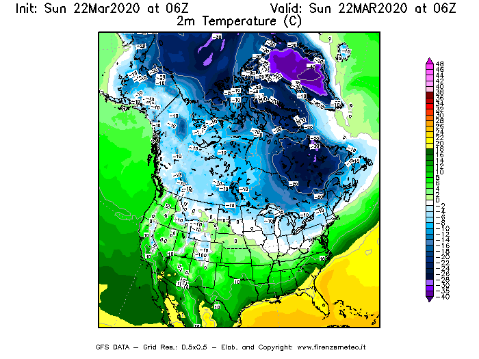 Mappa di analisi GFS - Temperatura a 2 metri dal suolo [°C] in Nord-America
							del 22/03/2020 06 <!--googleoff: index-->UTC<!--googleon: index-->