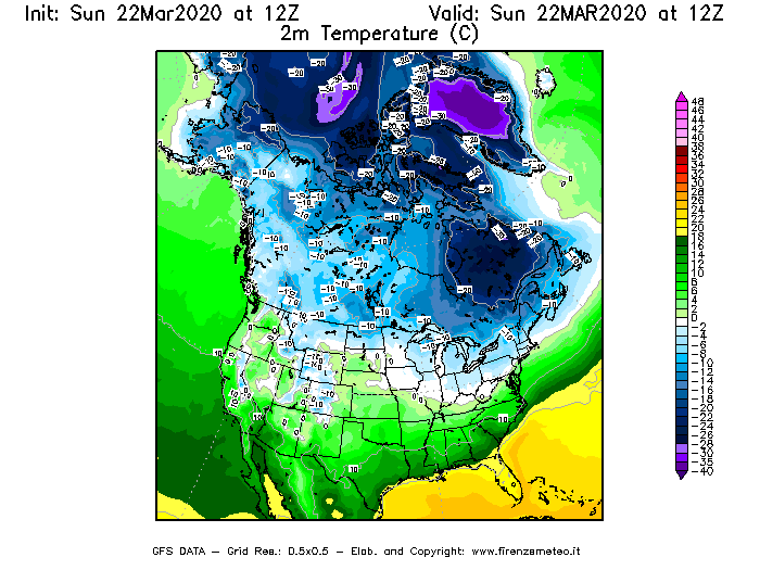 Mappa di analisi GFS - Temperatura a 2 metri dal suolo [°C] in Nord-America
							del 22/03/2020 12 <!--googleoff: index-->UTC<!--googleon: index-->