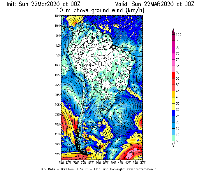 Mappa di analisi GFS - Velocità del vento a 10 metri dal suolo [km/h] in Sud-America
							del 22/03/2020 00 <!--googleoff: index-->UTC<!--googleon: index-->