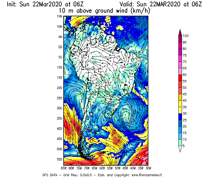 Mappa di analisi GFS - Velocità del vento a 10 metri dal suolo [km/h] in Sud-America
							del 22/03/2020 06 <!--googleoff: index-->UTC<!--googleon: index-->