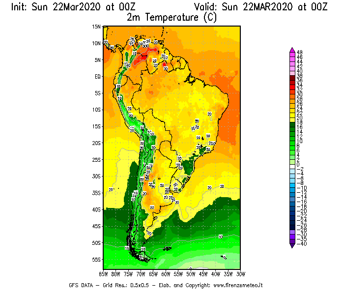 Mappa di analisi GFS - Temperatura a 2 metri dal suolo [°C] in Sud-America
							del 22/03/2020 00 <!--googleoff: index-->UTC<!--googleon: index-->