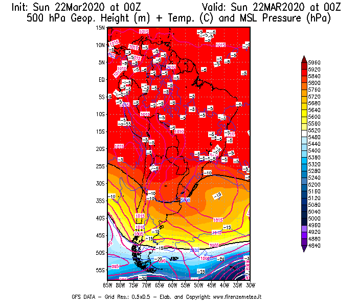 Mappa di analisi GFS - Geopotenziale [m] + Temp. [°C] a 500 hPa + Press. a livello del mare [hPa] in Sud-America
							del 22/03/2020 00 <!--googleoff: index-->UTC<!--googleon: index-->