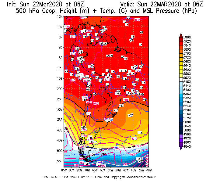 Mappa di analisi GFS - Geopotenziale [m] + Temp. [°C] a 500 hPa + Press. a livello del mare [hPa] in Sud-America
							del 22/03/2020 06 <!--googleoff: index-->UTC<!--googleon: index-->