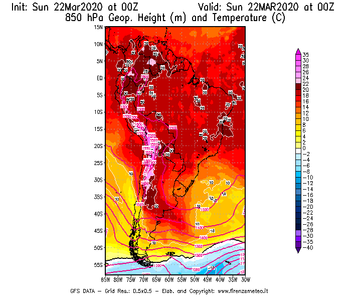 Mappa di analisi GFS - Geopotenziale [m] e Temperatura [°C] a 850 hPa in Sud-America
							del 22/03/2020 00 <!--googleoff: index-->UTC<!--googleon: index-->