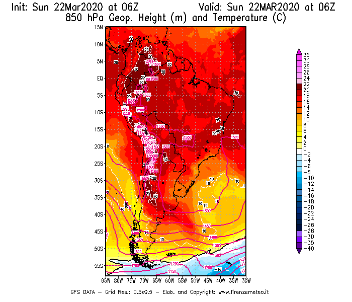 Mappa di analisi GFS - Geopotenziale [m] e Temperatura [°C] a 850 hPa in Sud-America
							del 22/03/2020 06 <!--googleoff: index-->UTC<!--googleon: index-->
