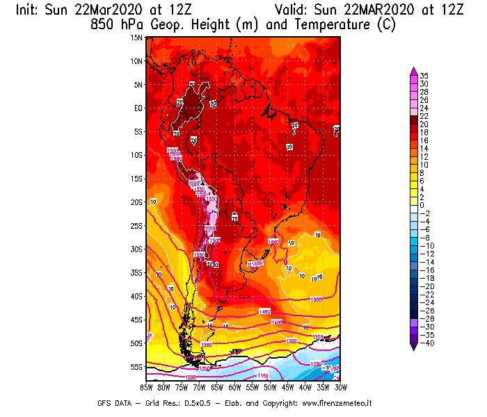 Mappa di analisi GFS - Geopotenziale [m] e Temperatura [°C] a 850 hPa in Sud-America
							del 22/03/2020 12 <!--googleoff: index-->UTC<!--googleon: index-->