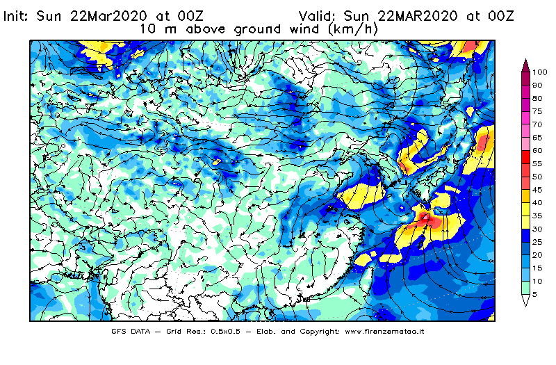 Mappa di analisi GFS - Velocità del vento a 10 metri dal suolo [km/h] in Asia Orientale
							del 22/03/2020 00 <!--googleoff: index-->UTC<!--googleon: index-->