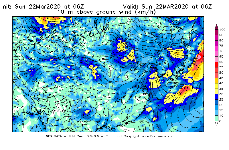 Mappa di analisi GFS - Velocità del vento a 10 metri dal suolo [km/h] in Asia Orientale
							del 22/03/2020 06 <!--googleoff: index-->UTC<!--googleon: index-->