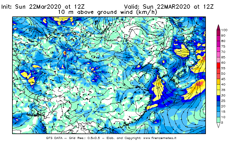 Mappa di analisi GFS - Velocità del vento a 10 metri dal suolo [km/h] in Asia Orientale
							del 22/03/2020 12 <!--googleoff: index-->UTC<!--googleon: index-->