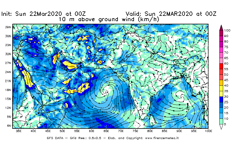 Mappa di analisi GFS - Velocità del vento a 10 metri dal suolo [km/h] in Asia Sud-Occidentale
							del 22/03/2020 00 <!--googleoff: index-->UTC<!--googleon: index-->