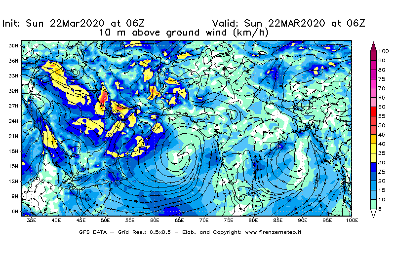 Mappa di analisi GFS - Velocità del vento a 10 metri dal suolo [km/h] in Asia Sud-Occidentale
							del 22/03/2020 06 <!--googleoff: index-->UTC<!--googleon: index-->