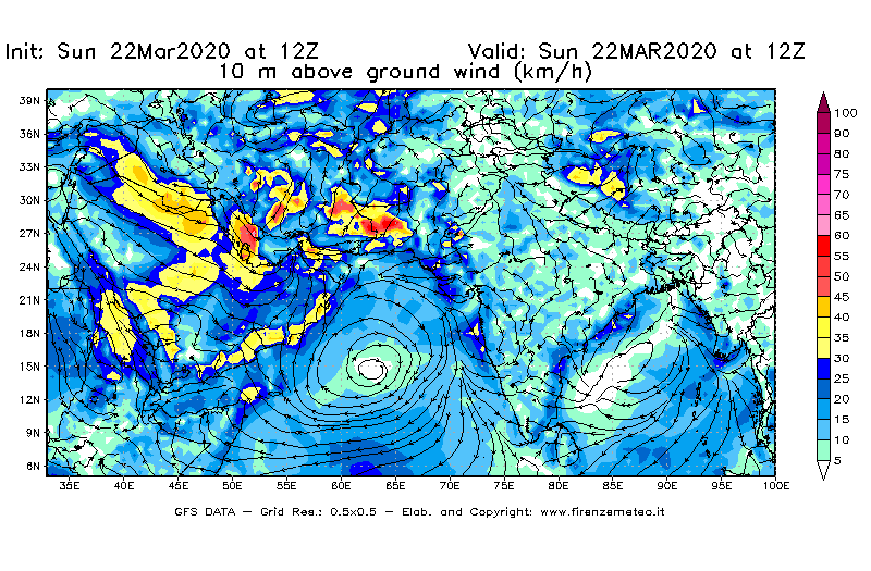 Mappa di analisi GFS - Velocità del vento a 10 metri dal suolo [km/h] in Asia Sud-Occidentale
							del 22/03/2020 12 <!--googleoff: index-->UTC<!--googleon: index-->