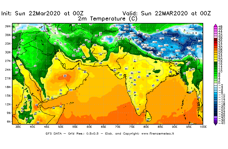 Mappa di analisi GFS - Temperatura a 2 metri dal suolo [°C] in Asia Sud-Occidentale
							del 22/03/2020 00 <!--googleoff: index-->UTC<!--googleon: index-->