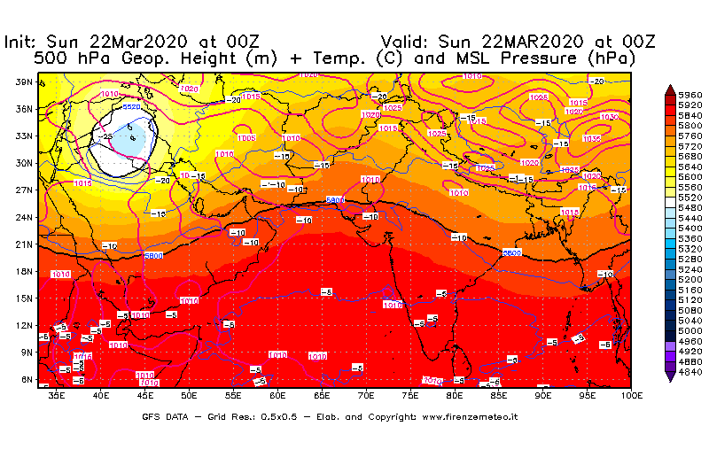 Mappa di analisi GFS - Geopotenziale [m] + Temp. [°C] a 500 hPa + Press. a livello del mare [hPa] in Asia Sud-Occidentale
							del 22/03/2020 00 <!--googleoff: index-->UTC<!--googleon: index-->