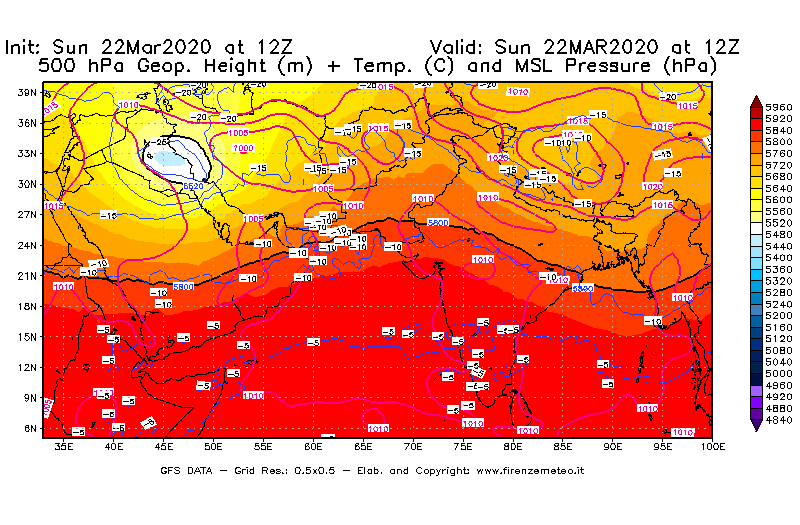 Mappa di analisi GFS - Geopotenziale [m] + Temp. [°C] a 500 hPa + Press. a livello del mare [hPa] in Asia Sud-Occidentale
							del 22/03/2020 12 <!--googleoff: index-->UTC<!--googleon: index-->