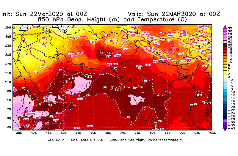 Mappa di analisi GFS - Geopotenziale [m] e Temperatura [°C] a 850 hPa in Asia Sud-Occidentale
							del 22/03/2020 00 <!--googleoff: index-->UTC<!--googleon: index-->